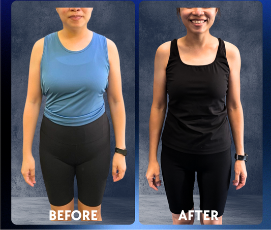 Before and after body transformation of a woman over 35 after personal training in Singapore